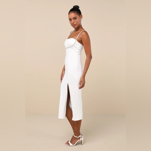 LULU’S Upscale Flirt Ivory Rhinestone Sleeveless Bodycon Midi Dress - Picture 2 of 5